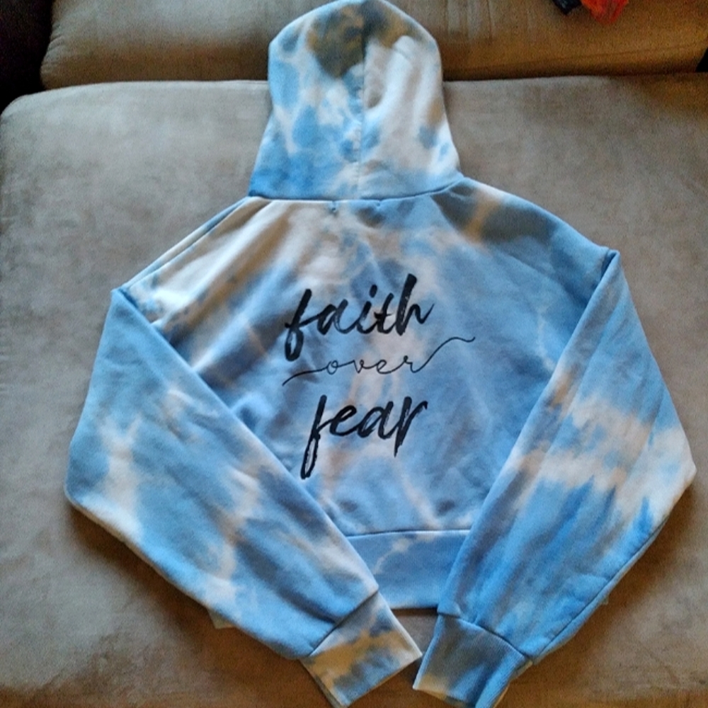 Blue and white "faith over fear" cropped hoodie